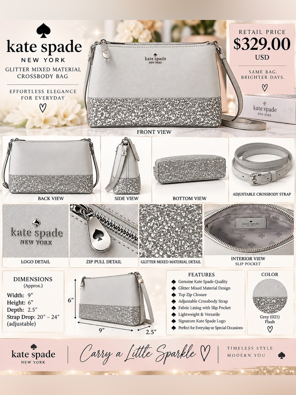 kate spade Silver and Light Grey Glitter Mixed-Material Crossbody Bag NWT